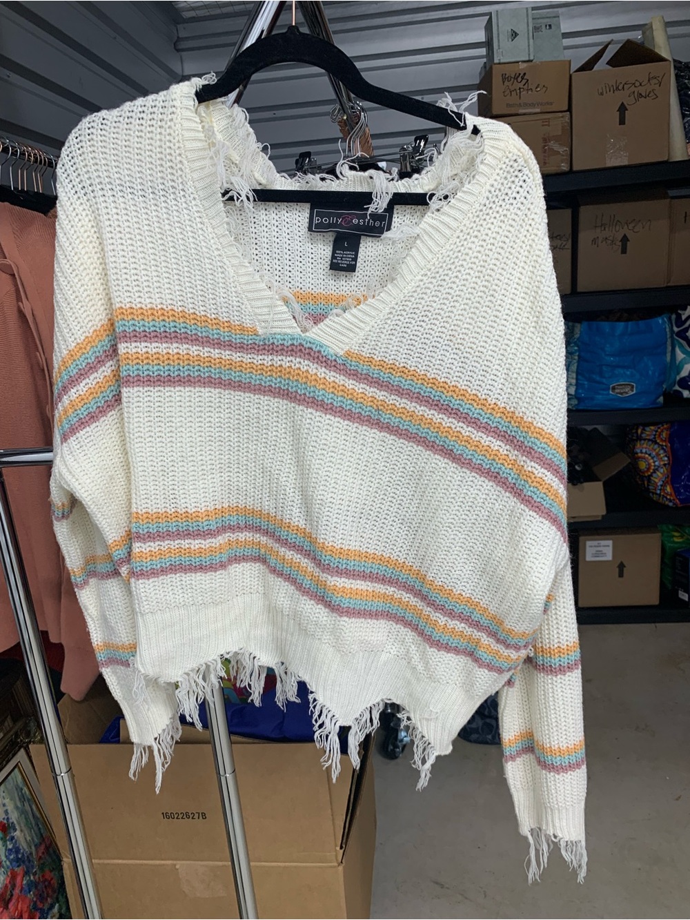 Forever 21 Cream V-Neck Sweater with Pink, Blue & Yellow Stripes